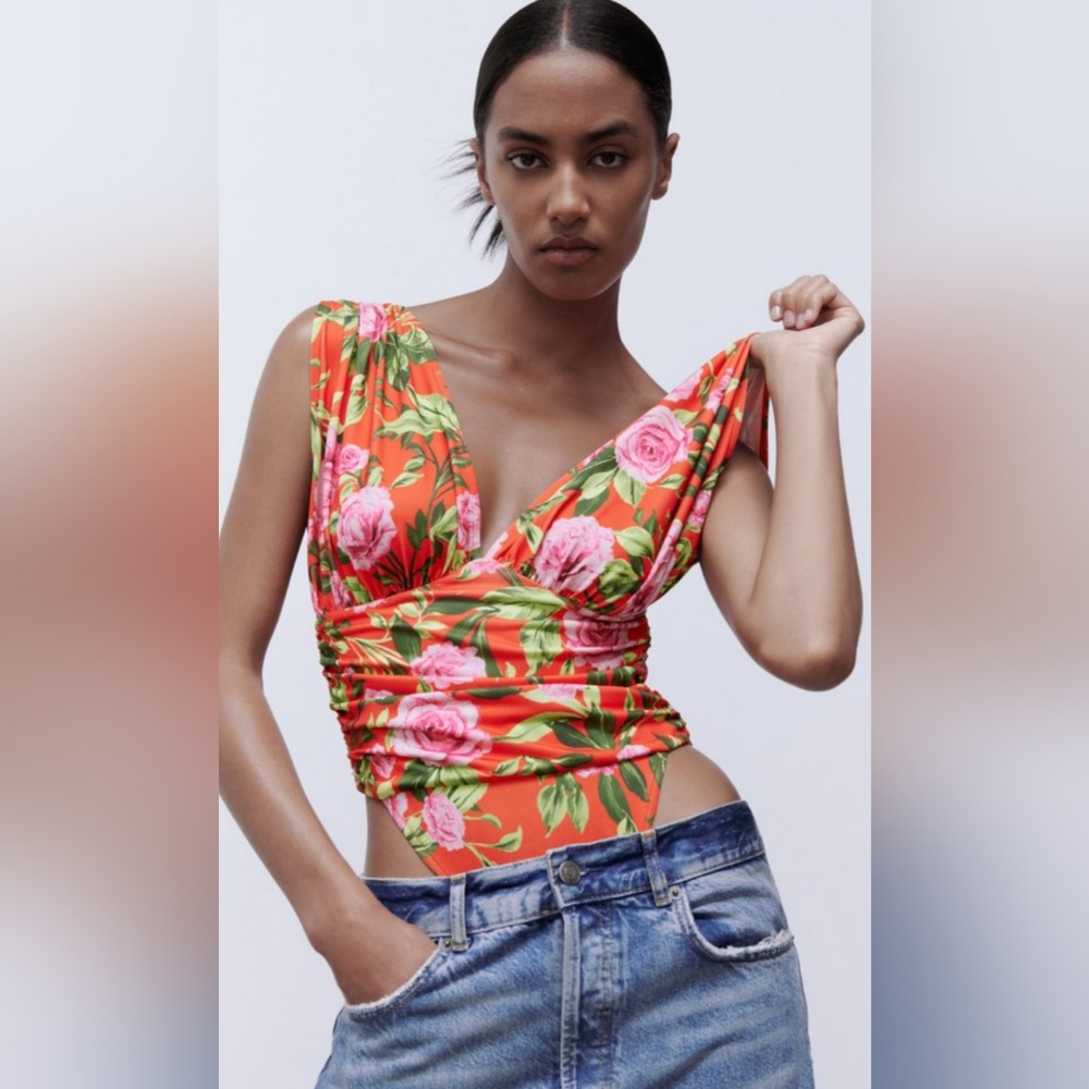 ZARA, Draped floral Bodysuit, Deep V-Neck,  Size Small.